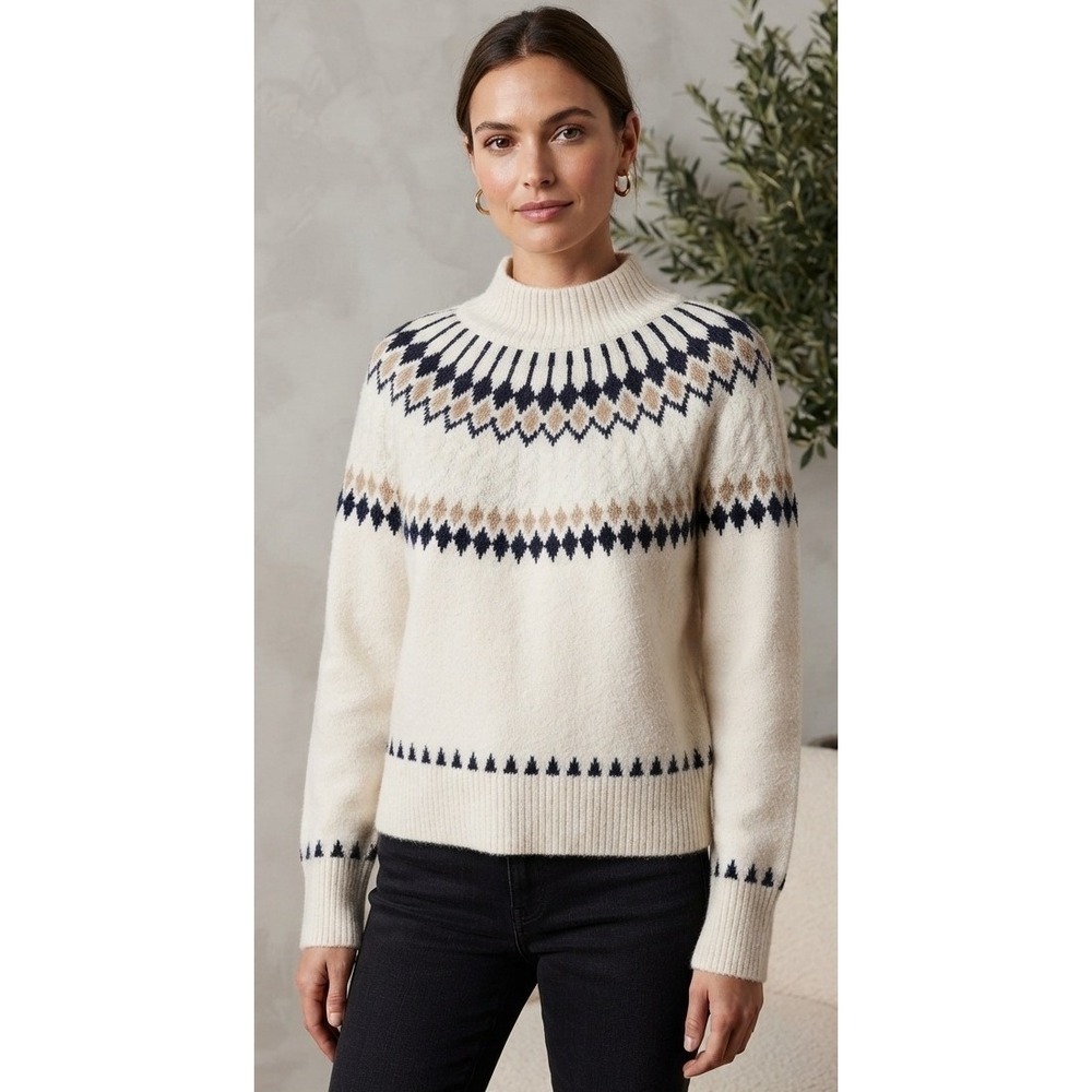 Nicole Miller Artelier Fair Isle Cable Knit Sweater Womens M Cream Winter Travel